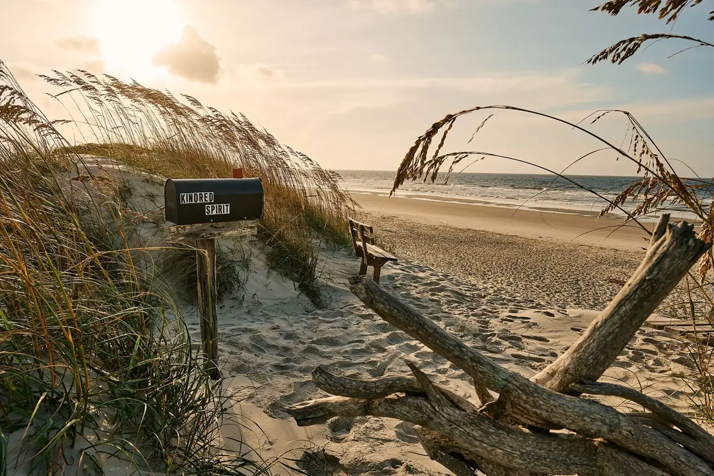 The Kindred Spirit mailbox in the dunes on Bird Island